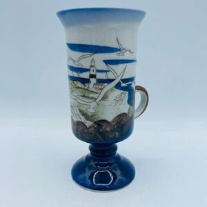 Vintage Otagiri Seagull Irish Coffee Tall Mug Blue Lighthouse & Beach Theme